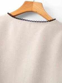 SHEIN Elenzya Plus Size Linen Blend Short Sleeve Contrast Black Floral Lace Hem Round Neck Button Front Cardigan Teachers' Day Office Summer Elegant - Apricot - View 3