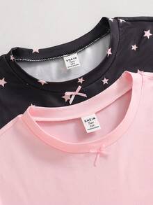 4pcs Women's Round Neck Bow & Star Print Short Sleeve Shorts Casual Knit Pajamas Homewear Set - Multicolor - View 3