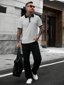 Manfinity CasualCool 男士夏季街頭休閒條紋拼接滾邊 Polo 衫 - 黑與白 - 查看 6