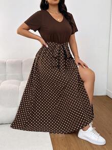 Embrisa Plus Size Summer Vacation Romantic Vintage Polka Dot Print V-Neck Short Sleeve Dress, Brown - Multicolor - View 3