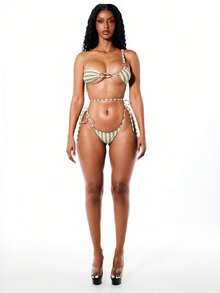 SUMWON WOMEN Set Bikini Asimetris Bergaris Satu Bahu dengan Detail Cincin O dan Bagian Bawah Ikat Samping untuk Pantai Musim Panas - Khaki - View 3