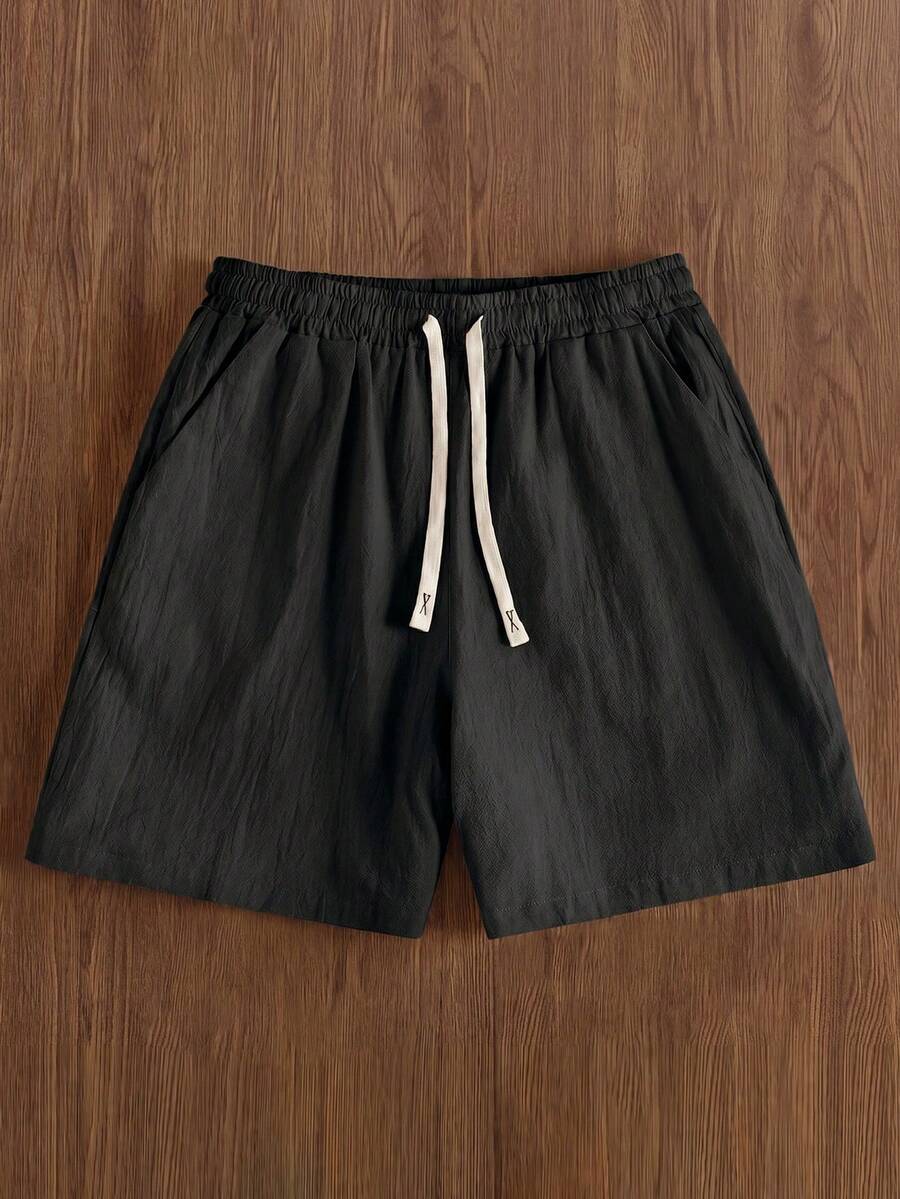Manfinity Hypemode 男士休闲抽绳腰棉麻短裤,夏季男士休闲短裤健身服男士夏季抽绳短裤,假日 - 黑色 - 查看 1