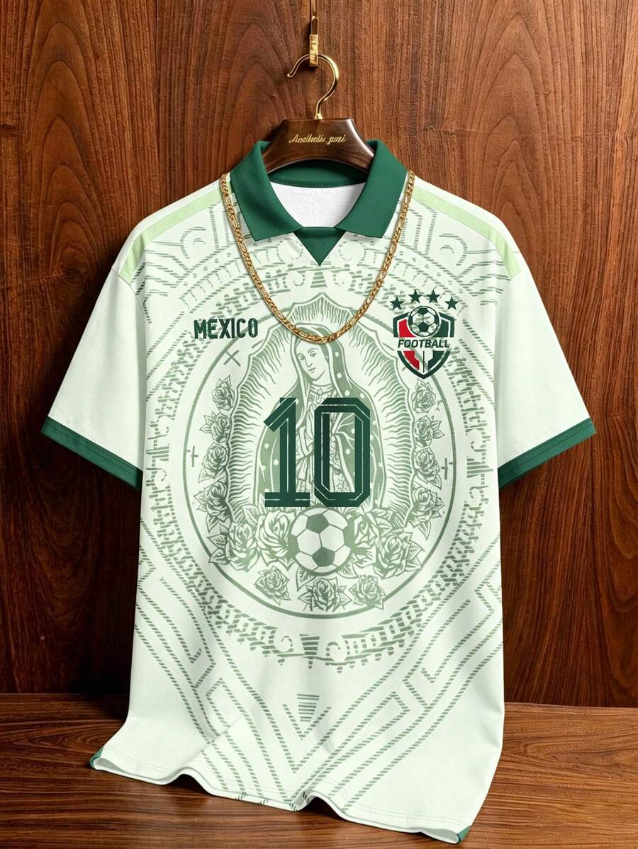 Aesthetic Post 男士復古墨西哥圖案領 Polo 足球上衣,足球支持者服飾,適合度假、慢跑、購物、休閒與儀式場合 - 彩色 - 查看 1