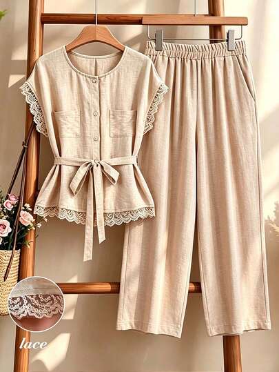 Rusticease Apricot Summer Elegant Women's Crew Neck Top And Pants 2 Pieces Set,Tea Party Khaki Lace Trim Short-Sleeved Fitted Waist Suit,Casual Vacation Coords