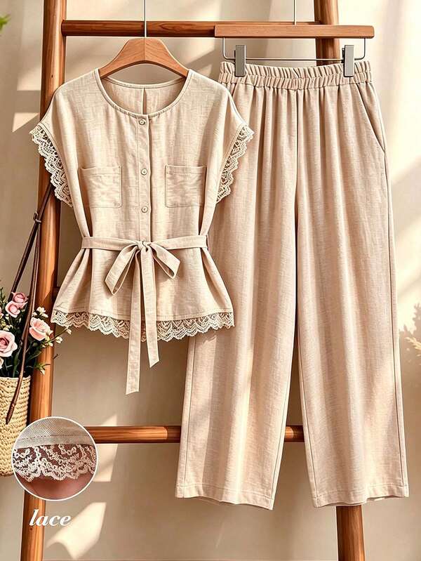 Rusticease Apricot Summer Elegant Women's Crew Neck Top And Pants 2 Pieces Set,Tea Party Khaki Lace Trim Short-Sleeved Fitted Waist Suit,Casual Vacation Coords