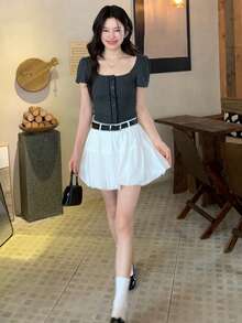 DAZY 女款純色百褶休閒百搭日常穿搭蛋糕迷你裙 - 白色 - 查看 5