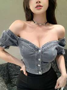 DAZY 夏季性感音樂節露肩抹胸式收腰優雅女款牛仔上衣，適合婚禮、夜生活與派對，Y2K灰色落肩上衣 - 淺色水洗藍 - 查看 7