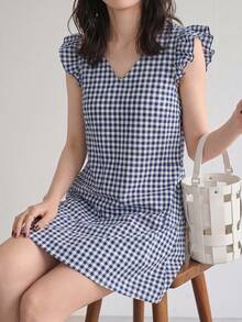 SHEIN LUNE Vestido túnico de puño con fruncido de guingán - Azul y blanco - Ver 5