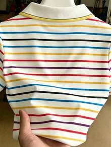 清新彩色條紋對比領檸檬刺繡 Polo 短袖 T-shirt 大尺碼上衣 - 彩色 - 查看 2