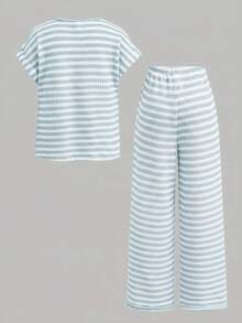 Firerie Kids Firerie Kids Tween女孩條紋短袖T恤搭配抽繩腰長褲休閒日常套裝 - 藍白色 - 查看 2