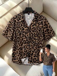 Elenzga Chemise ample droite à col revers, manches courtes, imprimé léopard, tissu, devant ouvert, grande taille, décontractée pour le quotidien, les trajets, les rendez-vous, les fêtes et les rassemblements - Multicolore - Voir 1