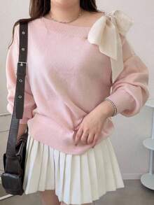 Dazy Plus Contrast Color Cold Shoulder Dropped Shoulder Long Sleeve Bow Tie Loose Casual Versatile Pullover Sweater Spring/Autumn New Arrival - Pink - View 6