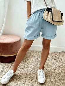 EMERY ROSE Plus Size Women's Solid Color Drawstring Waist Pocket Casual Rolled Hem Shorts - Baby Blue - View 3