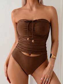 Swim Lushoire Elegant Versatile Slimming Ruched Strappy Bandeau Top - Mocha Brown - View 4