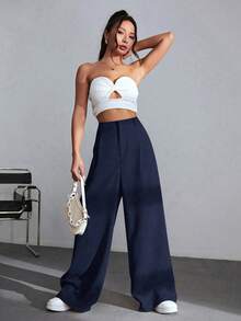 SHEIN EZwear 休閒百搭 100% 純棉海軍藍高腰寬腿褲，適合校園穿著、派對、工作與音樂節穿著，教師節秋季款 - 藍色 - 查看 7