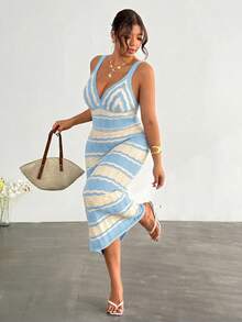 Firerie Vestido de punto a rayas con bloques de color casual para vacaciones talla grande - Azul - Ver 4