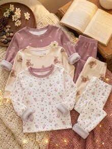 女嬰休閒極簡修身圓領長袖長褲居家服多件套，適合秋冬，貼身舒適 - 彩色 - 查看 1