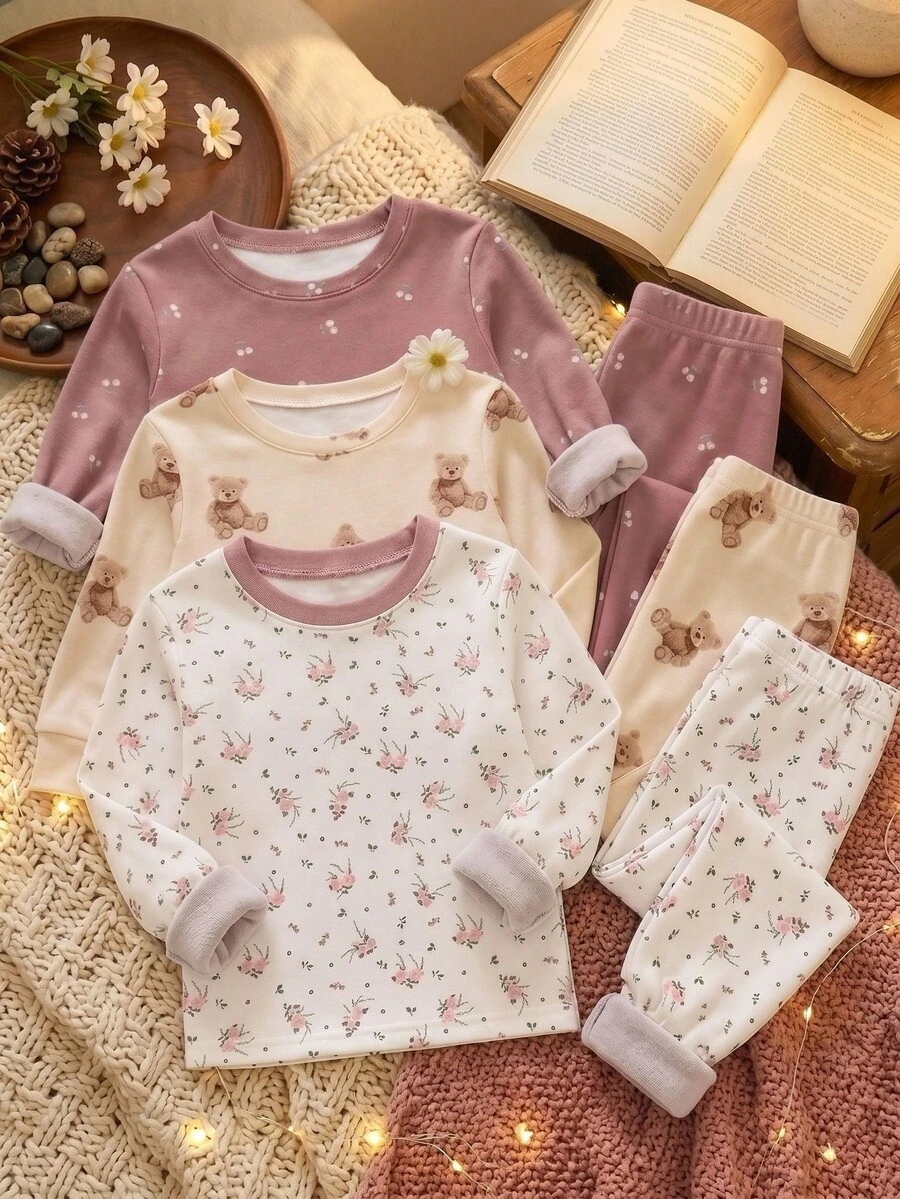 女嬰休閒極簡修身圓領長袖長褲居家服多件套,適合秋冬,貼身舒適 - 彩色 - 查看 1