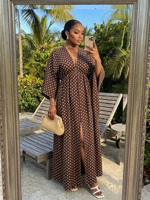 SHEIN Lady Plus Size Women's V-Neck Polka Dot Split Design Casual Party Summer Dress Fall - Multicolor - View 3