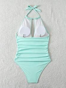SHEIN Swim 女款夏季海灘素色抓皺性感掛脖式一件式泳衣 - 綠色 - 查看 2