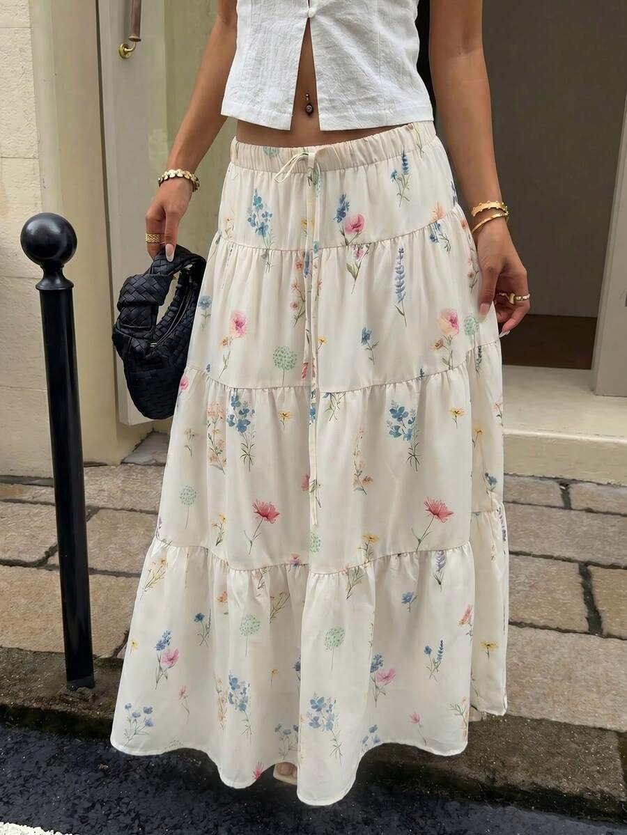 MainGRL Women's Floral Print Ruffled Drawstring Waist Casual Skirt For Vacation - White - View 1