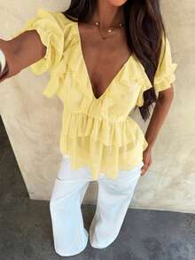 Aloruh Blusa bohemia de unicolor con volantes para mujer - Amarillo - Ver 5