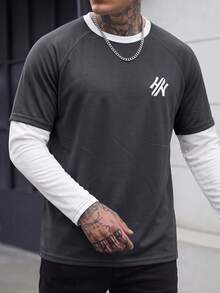 SLATEMANN Men's Colorblock Patchwork Long Sleeve 2 In 1 T-Shirt - Multicolor - View 2