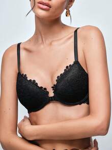 Softvol Peach Girl Black Sexy Lace Front Closure Bra, Women's Thin Cup Comfortable Breathable Pleated Bra - Black - View 8