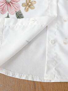 SHEIN 青少年女孩植物印花七分袖翻領寬鬆休閒襯衫返校穿搭 - 白色 - 查看 6
