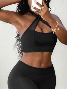 SHEIN BamGlam Women's Solid Color Criss-Cross Design Cropped Halter Neck Sports Tank Top - Black - View 8