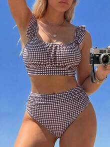 SHEIN Swim 2026 New Women's Plus Size Summer Fashion Bikini Set Set, Square Neck Lace Sleeve Plaid Print Cute Casual Vacation Swimwear 2-Piece Set - Brown - View 3