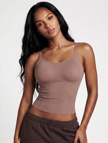 SHAPORA 1pc Solid Color Seamless Camisole For Women - Mocha Brown - View 4