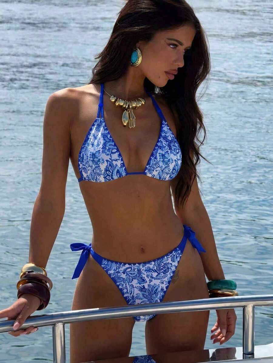 Bonvoyette Women's Summer Vacation Beach Fashion All-Over Print Halter Bikini Set Bathing Suits For Women 2 Pieces 2 Pieces Set Vacation Outfits Women Bikini Set - Blue - View 1