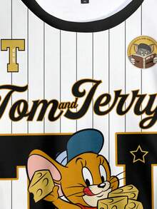 TOM & JERRY X SHEIN 大尺碼女款圓領條紋字母卡通圖案休閒日常長袖衛衣 - 白色 - 查看 5