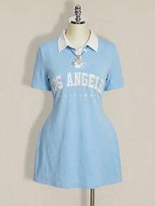 SHEIN ICON Women's Plus Size Polo Collar Light Blue Contrast Mini Dress Back-To-School Graduation Summer 90s - Baby Blue - View 6