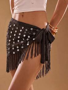 ROMWE Avant Spring Summer Shiny Sequin Asymmetric Hem Tassel Women's Sweater Skirt Side Tie Sexy Boho Crochet Beach Vacation Dark Grey - Brown - View 1