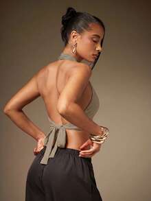 Hauture Women's Sexy Basic Casual Front Metal Closure Detail Going Out Party Night Club Vacation Halter Top Olive Green Summer - Khaki - View 2