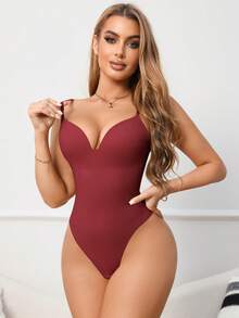 SHEIN 女款一件式塑身衣 - 酒紅色 - 查看 6