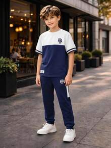 SHEIN 2件組兒童青少年男孩休閒拼色字母印花圓領短袖T恤與短褲套裝，適合通勤、上學、日常休閒、外出、運動，春夏季開學穿搭男孩服裝、校服、開學服裝 - 彩色 - 查看 5