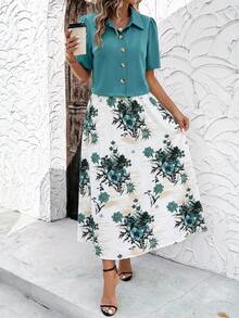 SHEIN Clasi 兩件組女款印花洋裝與豹紋襯衫，適合外出穿著的夏季套裝 - 綠色 - 查看 3