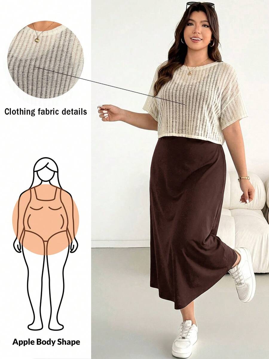 Shapeblank Plus Size Women's Solid Color Dress And Short Sleeve Top Casual Gothic Modest Daily 2-Piece Set Office Work Beige Chocolate Brown Summer - Coffee Brown - View 1