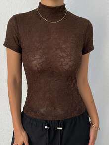 DAZY Solid Color Round Neck Fitted Short Sleeve Base Layer T-Shirt For Women Fall - Rust Brown - View 3