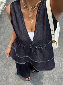 Dazy Plus Women's Sleeveless Tank Top Layered Ruffle Hem Elastic Waist Wide Leg Pants Denim Set Urban Casual Outerwear Spring Summer Date Night Navy Blue - Dark Wash - View 2