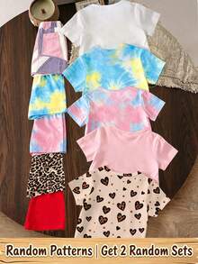 (Patrón Aleatorio, 2 Sets Aleatorios) Conjunto de Camiseta Corta Básica y Pantalones Cortos con Estampado de Leopardo, Lazo Brillante, Patchwork de Corazón, Flor y Cereza para Niñas - Multicolor - Ver 2