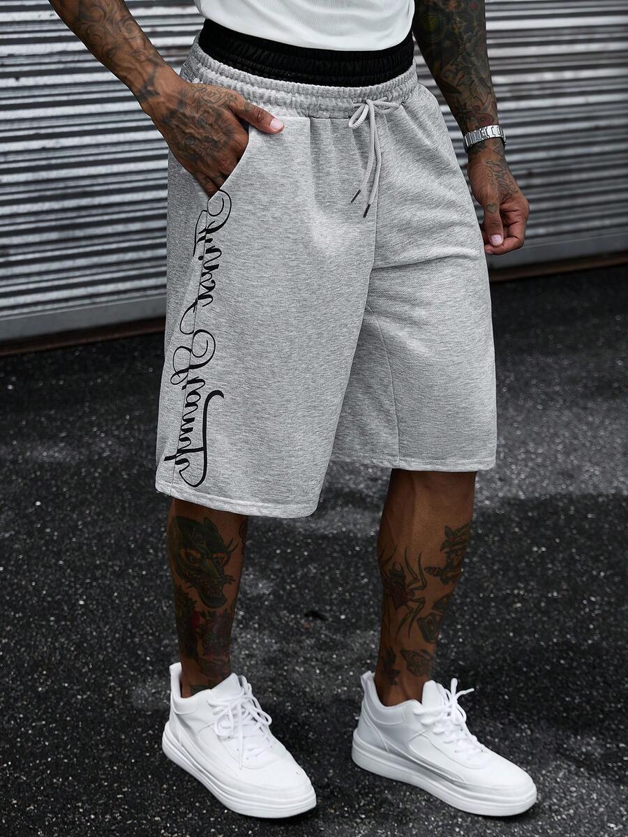SLATEMANN Pantalon de survêtement décontracté mature très vendu, design imprimé lettres corps d'herbe, 2 en 1, pantalon de survêtement longueur capri pour hommes - Gris - Voir 1