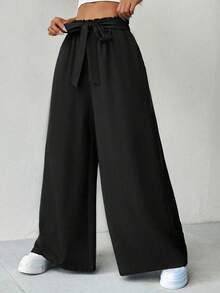 Elenzga Plus Size Solid Black Paperbag Waist Self Tie Bow Ultra Wide Leg Long Pants With Side Pockets Women Summer Casual Textured Trousers - Multicolor - View 4