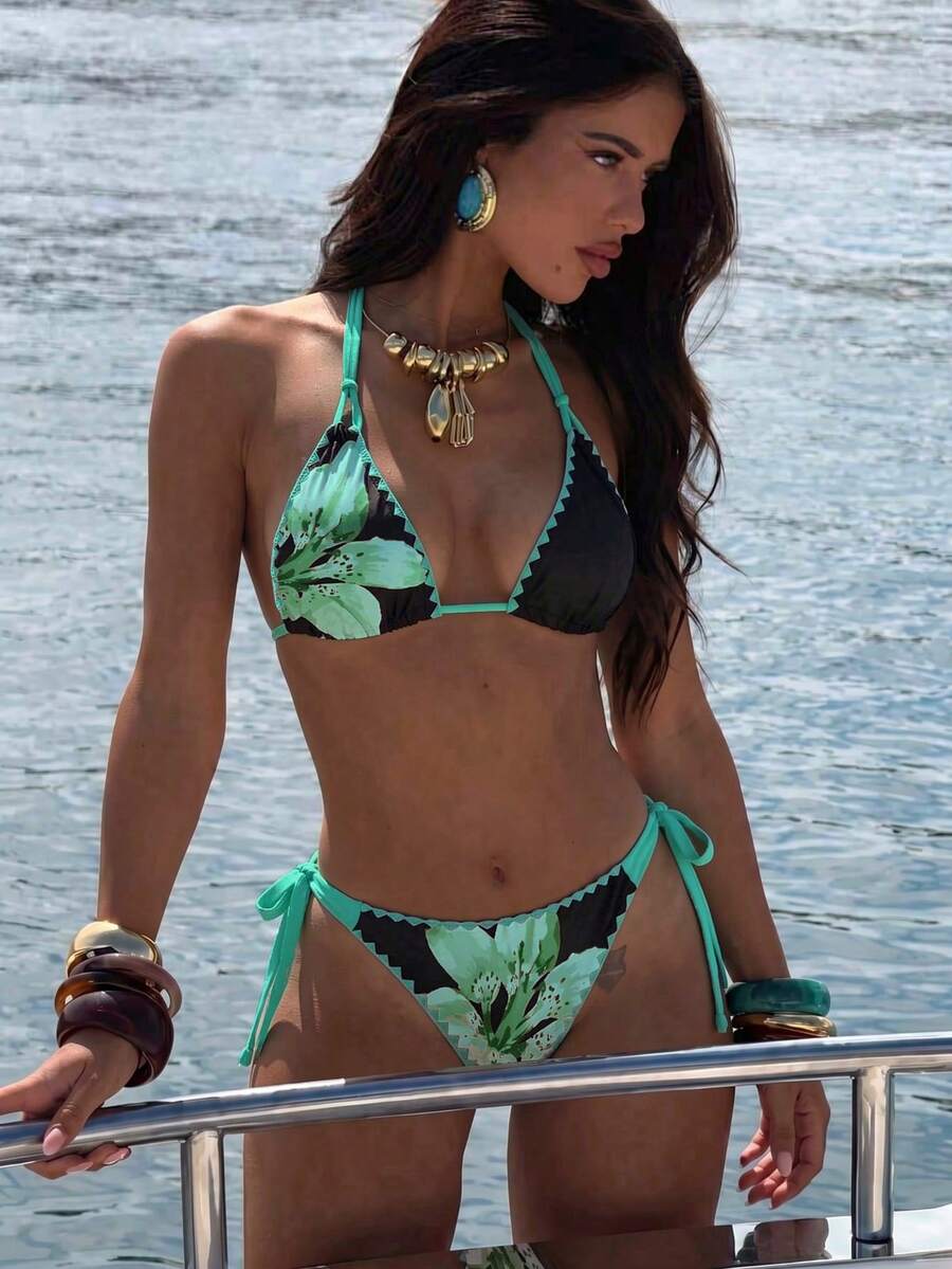 Swim Vcay Women's Summer Beach Vacation Fashion Floral Print Halter Neck Bikini Set - Green - View 1