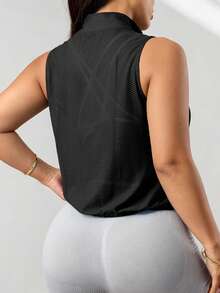 SHEIN Rhythm Era Women's Plus Size Solid Color Zipper Front Sports Jacket - Black - View 2