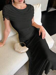 Modelyn Pale Yellow Mesh Ruched Back Tie Elegant French Style Wedding Dress For Women - Black - View 8