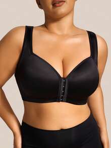 SHEIN 1 pieza Sujetador de talla grande con cierre delantero, tirantes anchos y cobertura completa - Negro - Ver 1